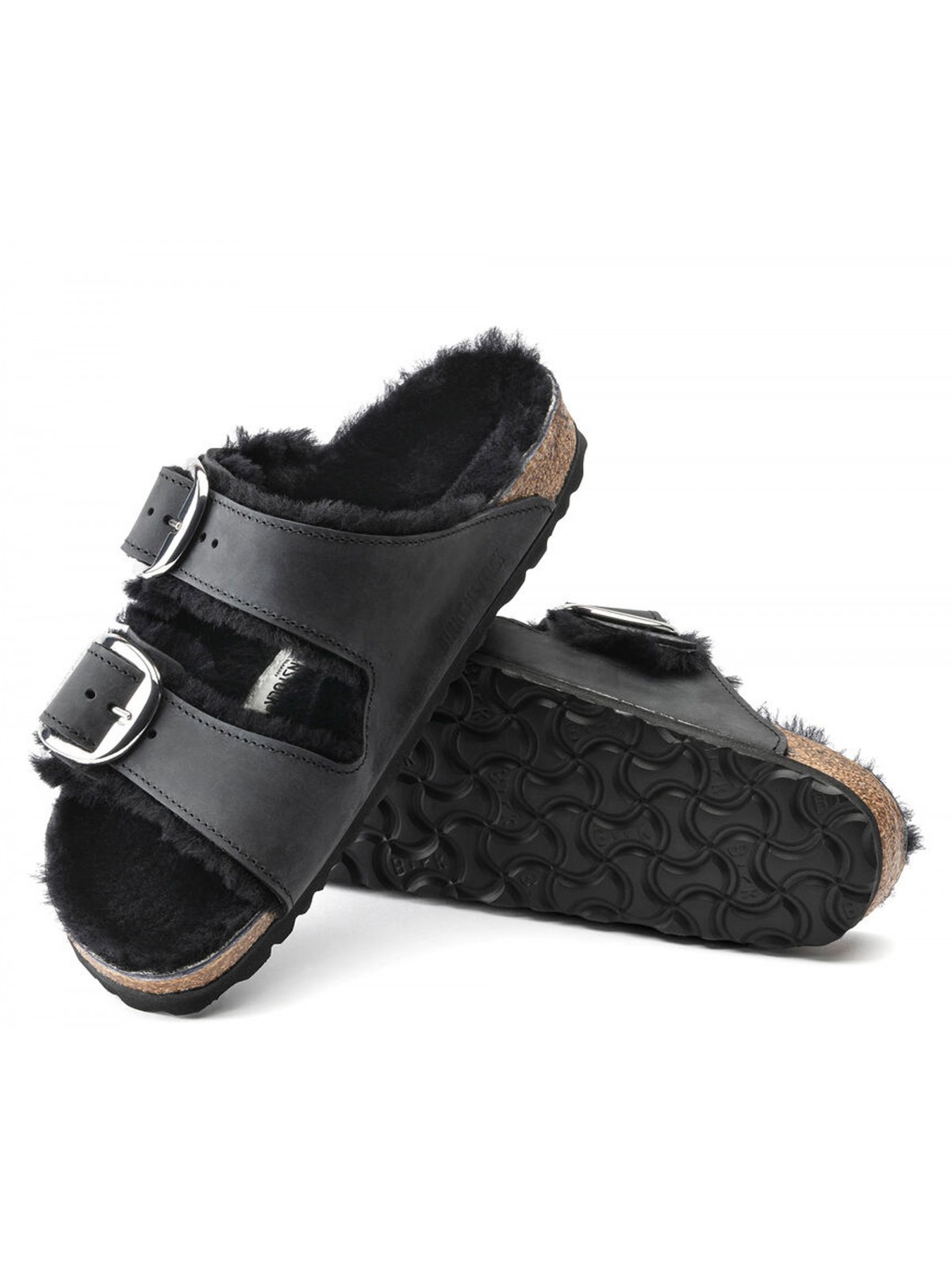 Birkenstock Arizona Big Buckle Cuir noir en fourrure d'agneau